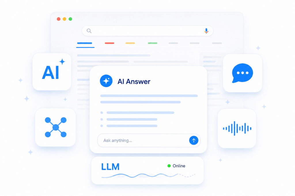 Illustration of AI answer interface with various icons.